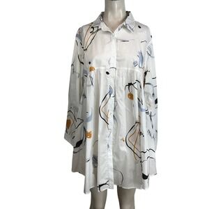 BUYKUD Abstract Print Button Up Shirt Dress Women's Size L